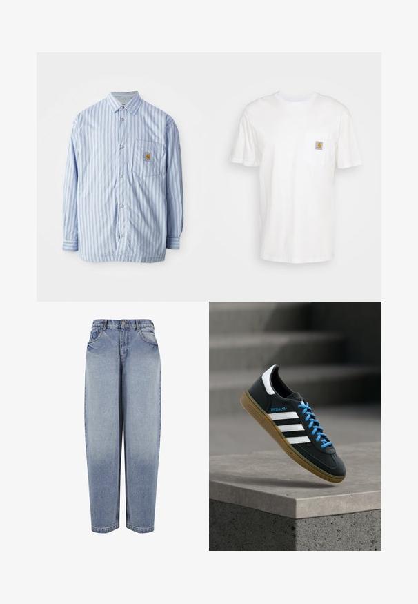 Gestreept button-up shirt in lichtblauw en wit met rode accenten. Heeft een borstzak en lange mouwen. Gemaakt van een soepele stof.; Witte katoenen t-shirt met korte mouwen, een borstzak en een klein vierkant logo-opdruk in oranje en wit op de zak.; Blauwe high-waisted, loszittende denim jeans met voorzakken, riemlussen, knoopsluiting en vervaagde details langs de benen.; Zwarte Adidas-sneaker met witte strepen, blauwe veters en een gumzool die boven een grijze betonnen trede zweeft in zacht licht.