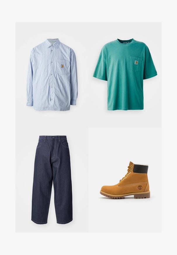 Camisa de botones a rayas en azul claro y blanco con acentos rojos. Tiene un bolsillo en el pecho y mangas largas. Está hecha de una tela suave.; Camiseta de algodón verde con cuello redondo, mangas cortas y un bolsillo frontal con un parche de logo. Textura suave y ajuste relajado.; Jeans de mezclilla azul oscuro con un diseño suelto y de pierna ancha. Las características incluyen un cierre de botón, bolsillos frontales y acentos de costura visibles.; Botín de cuero marrón con ojales de metal, forro de piel sintética blanca, cuello acolchado negro, suela resistente y logotipo en relieve en el costado.