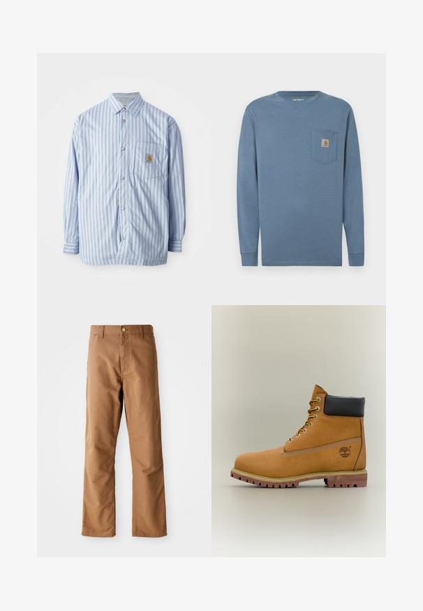 Camisa de botones a rayas en azul claro y blanco con acentos rojos. Tiene un bolsillo en el pecho y mangas largas. Está hecha de una tela suave.; Camisa de algodón azul de manga larga con cuello redondo, bolsillo en el pecho izquierdo y parche con el logotipo de Carhartt. Textura suave, dobladillo recto y mangas ajustadas.; Pantalones rectos marrones con pasadores para cinturón, bolsillos frontales, cierre de botón y cremallera sobre un fondo blanco.; Bota de tobillo de cuero marrón con cuello negro, cordones amarillos y suela beige. Presenta un logotipo y detalles de costura blanca. Suela exterior con tracción robusta.