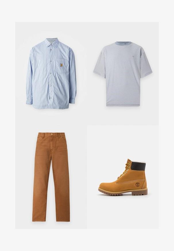 Camisa de botones a rayas en azul claro y blanco con acentos rojos. Tiene un bolsillo en el pecho y mangas largas. Está hecha de una tela suave.; Camiseta de rayas en azul claro y blanco, con cuello redondo y mangas cortas. Fabricada con tela suave y un ajuste relajado.; Pantalones marrones de pierna recta con trabillas para cinturón, bolsillos frontales y cierre de botón, mostrados sobre un fondo claro y liso.; Botín de cuero marrón con ojales de metal, forro de piel sintética blanca, cuello acolchado negro, suela resistente y logotipo en relieve en el costado.