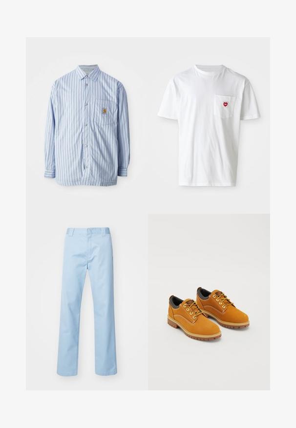 Gestreept button-up shirt in lichtblauw en wit met rode accenten. Heeft een borstzak en lange mouwen. Gemaakt van een soepele stof.; Witte katoenen T-shirt met een ronde hals en korte mouwen. Bevat een klein rood hartlogo op de linkerkant van de borstzak.; Lichtblauwe rechte broek van een katoenmix. Met een platte tailleband, zijzakken en zonder zichtbare patronen of versieringen.; Bruine suède schoenen met een ronde neus, gele veters, een gewatteerde zwarte kraag en rubberen zolen met gripgroeven.