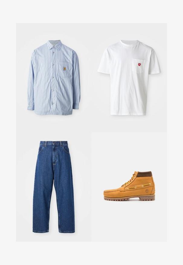 Camisa de botones a rayas en azul claro y blanco con acentos rojos. Tiene un bolsillo en el pecho y mangas largas. Está hecha de una tela suave.; Camiseta de algodón blanca con escote redondo y mangas cortas. Presenta un pequeño logo de corazón rojo en el bolsillo izquierdo del pecho.; Jeans de pierna ancha de denim en azul oscuro. Presentan una cintura alta, trabillas para cinturón y un diseño clásico de cinco bolsillos. Bajo cosido con un acabado limpio.; Timberland AUTHENTIC MID LACE BOOT - Botines con cordones - wheat
