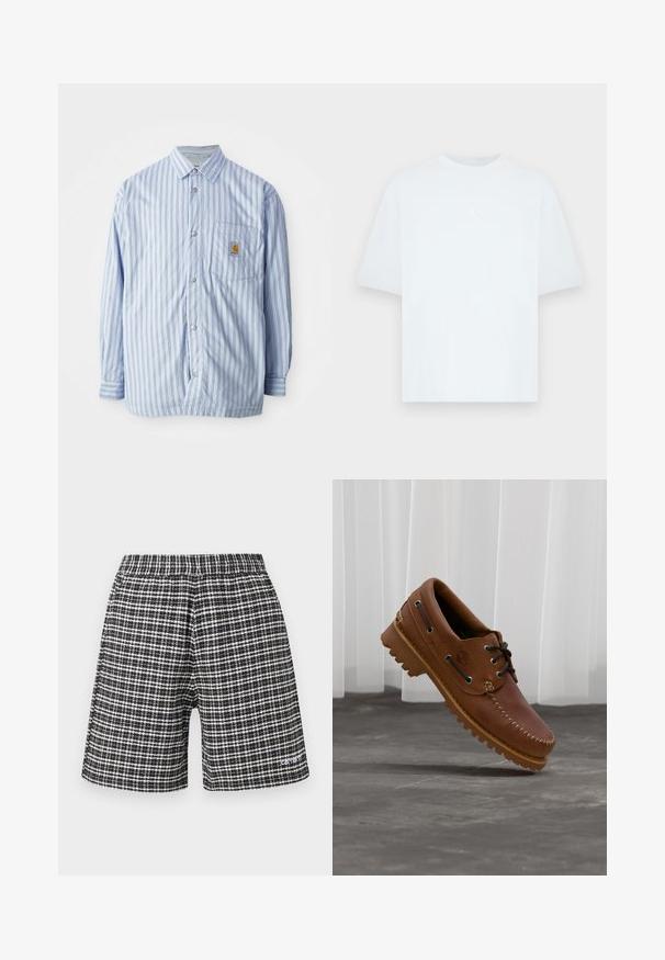 Gestreiftes Hemd in Hellblau und Weiß mit roten Akzenten. Verfügt über eine Brusttasche und lange Ärmel. Hergestellt aus einem glatten Stoff.; Hellblaues kurzärmliges T-Shirt aus Baumwolle mit rundem Ausschnitt. Verfügt über ein kleines weißes Jordan-Logo auf der Brust.; Schwarz-weiß karierte Shorts mit elastischem Bund und kleinem Logo am unteren linken Bein.; Brauner Leder-Bootsschuh mit schwarzen Schnürsenkeln, beigen Nähten und einer robusten Sohle, schwebt über einem grauen Betonboden.