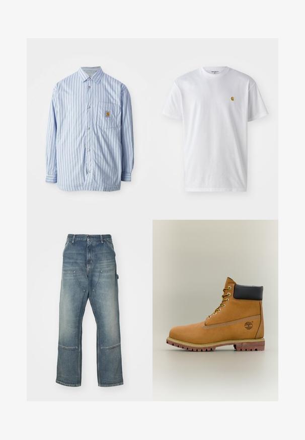 Stribet skjorte i lyseblå og hvid med røde accenter. Har en brystlomme og lange ærmer. Fremstillet af et glat materiale.; Hvid bomulds t-shirt med korte ærmer, rund hals og et lille guld logo på venstre brystområde. Blød tekstur og almindelig pasform.; Lysblå jeans med afslappet pasform, lavet af denim. Har vide ben, store forlommer og kontraststing-detaljer.; Brun læderankelstøvle med sort krave, gule snørebånd og tanfarvet sål. Har logo og hvide syninger som detalje. Robust ydersål med greb.