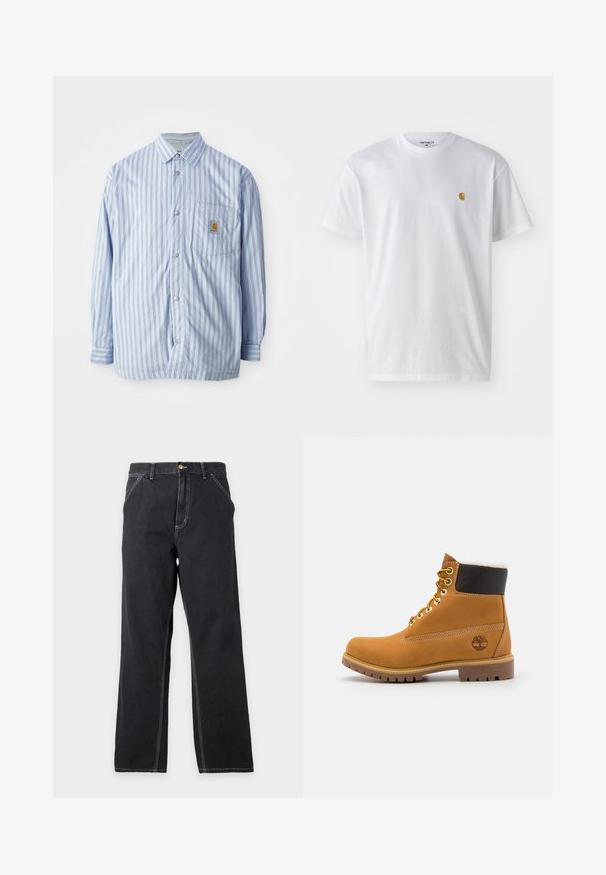 Stribet skjorte i lyseblå og hvid med røde accenter. Har en brystlomme og lange ærmer. Fremstillet af et glat materiale.; Hvid bomulds t-shirt med korte ærmer, rund hals og et lille guld logo på venstre brystområde. Blød tekstur og almindelig pasform.; Sorte jeans med lige ben, forlommer, bæltestropper og synlige hvide syninger på en ensfarvet lys grå baggrund.; Brune læder ankelstøvle med metaløjer, hvid pelsforing, sort polstret krave, robust sål og præget logo på siden.