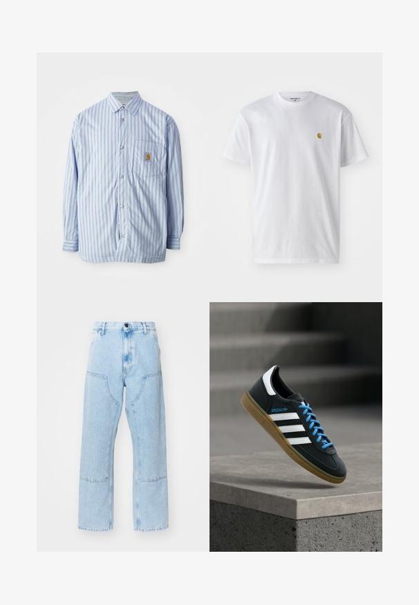 Gestreept button-up shirt in lichtblauw en wit met rode accenten. Heeft een borstzak en lange mouwen. Gemaakt van een soepele stof.; Witte katoenen t-shirt met korte mouwen en ronde hals, voorzien van een klein gouden logo op de linkerkant van de borst. Zachte textuur en een normale pasvorm.; Lichtblauwe, rechte denimjeans met grote voorkezen en contrasterende stiksels. De stof heeft een vervaagde, zachte textuur.; Zwarte Adidas-sneaker met witte strepen, blauwe veters en een gumzool die boven een grijze betonnen trede zweeft in zacht licht.
