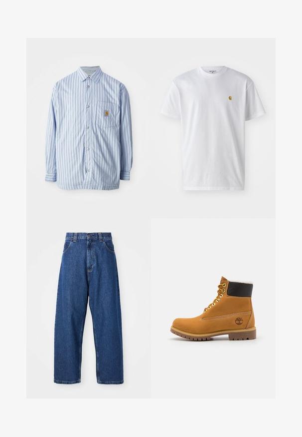 Stribet skjorte i lyseblå og hvid med røde accenter. Har en brystlomme og lange ærmer. Fremstillet af et glat materiale.; Hvid bomulds t-shirt med korte ærmer, rund hals og et lille guld logo på venstre brystområde. Blød tekstur og almindelig pasform.; Denimwide-leg jeans i mørkeblå. Har høj talje, bæltestropper og klassisk fem-lommers design. Syet kant med en ren finish.; Brune læder ankelstøvle med metaløjer, hvid pelsforing, sort polstret krave, robust sål og præget logo på siden.