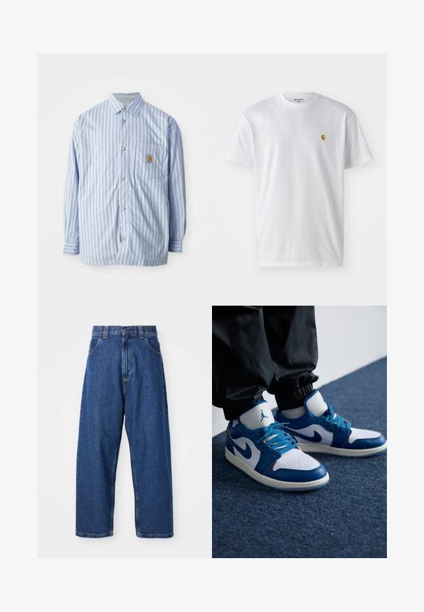 Stribet skjorte i lyseblå og hvid med røde accenter. Har en brystlomme og lange ærmer. Fremstillet af et glat materiale.; Hvid bomulds t-shirt med korte ærmer, rund hals og et lille guld logo på venstre brystområde. Blød tekstur og almindelig pasform.; Denimwide-leg jeans i mørkeblå. Har høj talje, bæltestropper og klassisk fem-lommers design. Syet kant med en ren finish.; Nike Air Jordan sneakers har en hvid læderbase med blå syntetiske detaljer, en perforeret tåboks og blå snørebånd.