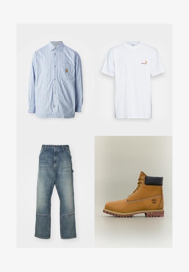 Stribet skjorte i lyseblå og hvid med røde accenter. Har en brystlomme og lange ærmer. Fremstillet af et glat materiale.; Hvid bomulds t-shirt med korte ærmer. Designet med et lille orange og maroon logo på venstre bryst. Har en klassisk rund hals.; Lysblå jeans med afslappet pasform, lavet af denim. Har vide ben, store forlommer og kontraststing-detaljer.; Brun læderankelstøvle med sort krave, gule snørebånd og tanfarvet sål. Har logo og hvide syninger som detalje. Robust ydersål med greb.