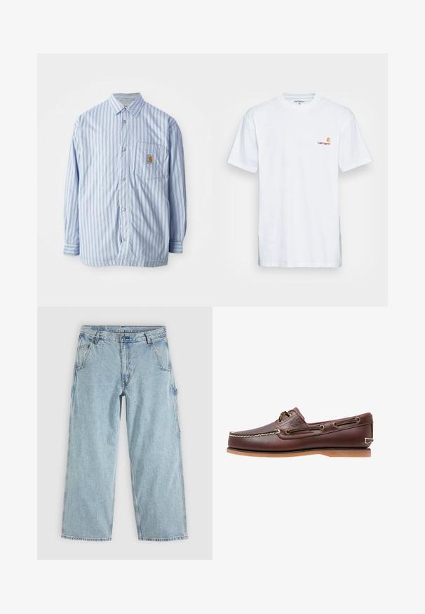 Stribet skjorte i lyseblå og hvid med røde accenter. Har en brystlomme og lange ærmer. Fremstillet af et glat materiale.; Hvid bomulds t-shirt med korte ærmer. Designet med et lille orange og maroon logo på venstre bryst. Har en klassisk rund hals.; Lyseblå straight-leg denim jeans med forlommer, bæltestropper, knaplukning og en sidelomme til værktøj.; Brun læder bådsko med hvide sømme, snøre detaljer og lysbrun gummisål, vist fra siden på hvid baggrund.