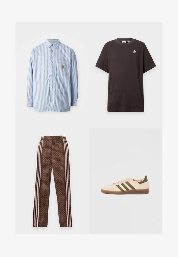 Gestreept button-up shirt in lichtblauw en wit met rode accenten. Heeft een borstzak en lange mouwen. Gemaakt van een soepele stof.; Donkerbruine katoenen T-shirt met korte mouwen, ronde hals en wit Adidas-logo op de linkerkant van de borst. Eenvoudig, ontspannen pasvorm ontwerp.; Bruine trainingsbroek met lichtroze verticale strepen aan de zijkanten en een herhalend bladpatroon over de hele broek, elastische tailleband, recht gesneden pijpen.; Beige Adidas Spezial sneaker met een laag profiel, groene strepen, een gumkleurige zool en "SPEZIAL" branding aan de zijkant, gezien vanaf de buitenzijde.