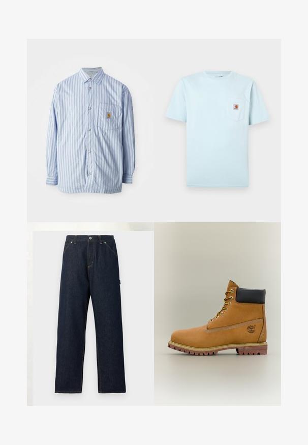 Stribet skjorte i lyseblå og hvid med røde accenter. Har en brystlomme og lange ærmer. Fremstillet af et glat materiale.; Lys blå T-shirt med korte ærmer og rund hals samt en brystlomme med et lille brunt og orange Carhartt-logo.; Mørkeblå denimjeans med lige ben, forlommer, bæltestropper og knaplukning i taljen mod en ensfarvet baggrund.; Brun læderankelstøvle med sort krave, gule snørebånd og tanfarvet sål. Har logo og hvide syninger som detalje. Robust ydersål med greb.