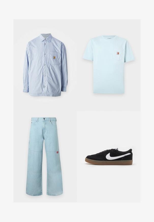 Camisa de botones a rayas en azul claro y blanco con acentos rojos. Tiene un bolsillo en el pecho y mangas largas. Está hecha de una tela suave.; Camiseta de manga corta de color azul claro con cuello redondo y un bolsillo en el pecho que presenta un pequeño parche con el logo de Carhartt en marrón y naranja.; Vaqueros de pierna ancha en azul claro de mezclilla con parches contrastantes. Presentan un cierre frontal con botones y un pequeño parche con logo en el bolsillo lateral.; Zapatillas de skate de ante negro con el logotipo de Nike en blanco, puntera redonda y suela de goma. Presentan un diseño con cordones planos y un collar acolchado.