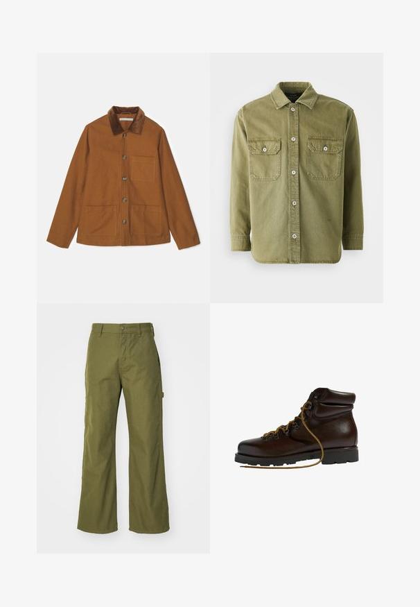 Chaqueta de mezcla de lana marrón con cuello de pana, botones en el frente y dos grandes bolsillos. Presenta un corte recto y mangas largas.; Camisa verde oliva de botones confeccionada en una tela suave, que presenta dos bolsillos en el pecho con solapas, botones visibles y un cuello.; Pantalones de pernera ancha en verde oliva, confeccionados con una tela resistente, que presentan un cierre de botón, bolsillos laterales y un diseño de dobladillo recto.; Botas de senderismo de cuero marrón con punta redondeada, superficie texturizada, cordones amarillos y ojales de metal. Cuentan con una suela de goma negra resistente.