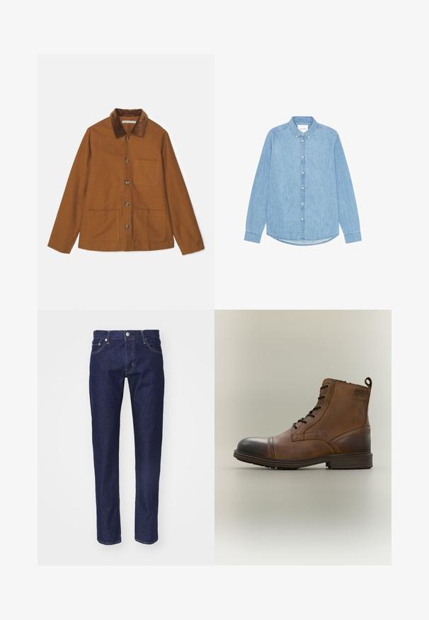 Brun uldblandingsjakke med kordfløjskrave, frontknapper og to store lommer. Har en lige pasform og lange ærmer.; Lyseblå denimskjorte med knapper, lange ærmer, spidst krave og afrundet kant. Har knaplukning foran og lille logodetalje.; Mørkeblå denim jeans med lige pasform, fem-lomme design, kontrasterende orange syninger og en sølvknaplukning i taljen.; Brun læderstøvle med snørebånd, sort tåhætte, rund sål og mærket detalje på siden mod ensfarvet baggrund.