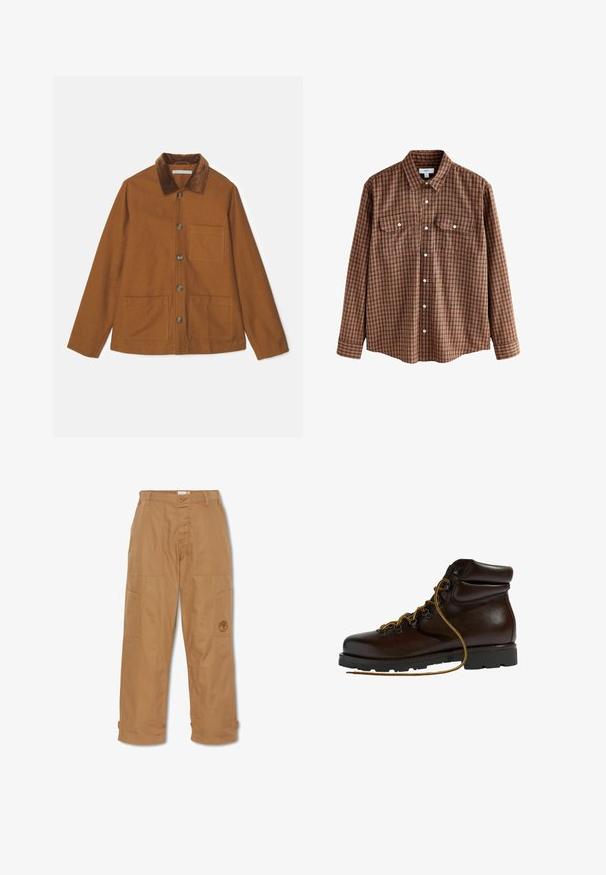 Chaqueta de mezcla de lana marrón con cuello de pana, botones en el frente y dos grandes bolsillos. Presenta un corte recto y mangas largas.; Camisa de manga larga a cuadros en marrón y naranja, con cierre de botones en el frente, dos bolsillos en el pecho y cuello. Hecha de tela suave.; Pantalones de trabajo color caqui, hechos de una tela resistente, cuentan con múltiples bolsillos, un cierre de botón y un logo bordado en el muslo.; Botas de senderismo de cuero marrón con punta redondeada, superficie texturizada, cordones amarillos y ojales de metal. Cuentan con una suela de goma negra resistente.