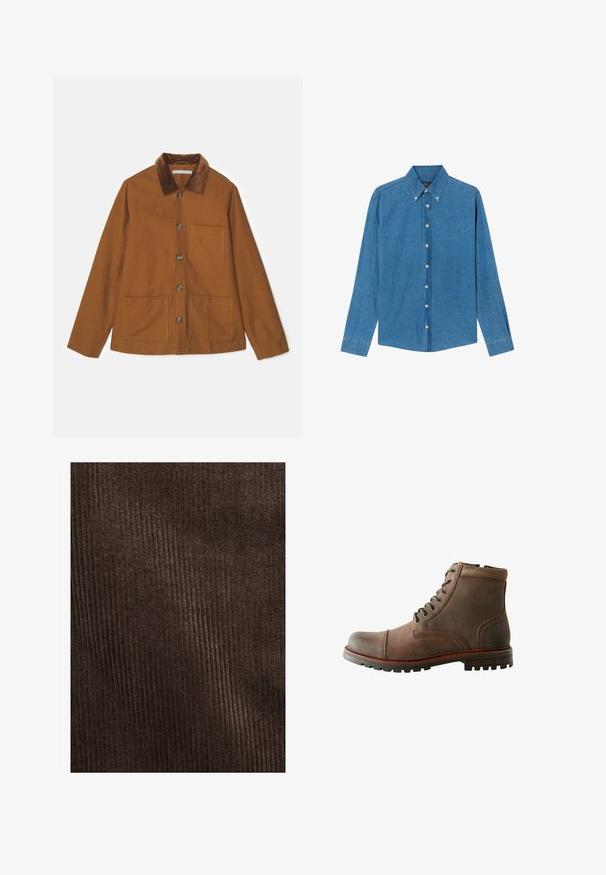 Braune Wollmischung Jacke mit einem Kordkragen, Frontknöpfen und zwei großen Taschen. Hat einen geraden Schnitt und lange Ärmel.; Blaue Denim-Hemd mit Button-down-Kragen, langen Ärmeln und Knöpfen vorne. Der Stoff hat eine strukturierte Oberfläche und einen klassischen Schnitt.; Braunes Cordura-Gewebe mit vertikalen Rippungen, weicher Textur und einer tiefen, reichen Farbe, geeignet für Polsterungen oder Kleidung.; Braune Lederknöchelstiefel mit abgerundeter Spitze, gepolstertem Kragen, Schnürung mit sechs Ösen und strukturiertem Gummisohle. Genähte Akzente an den Seiten.