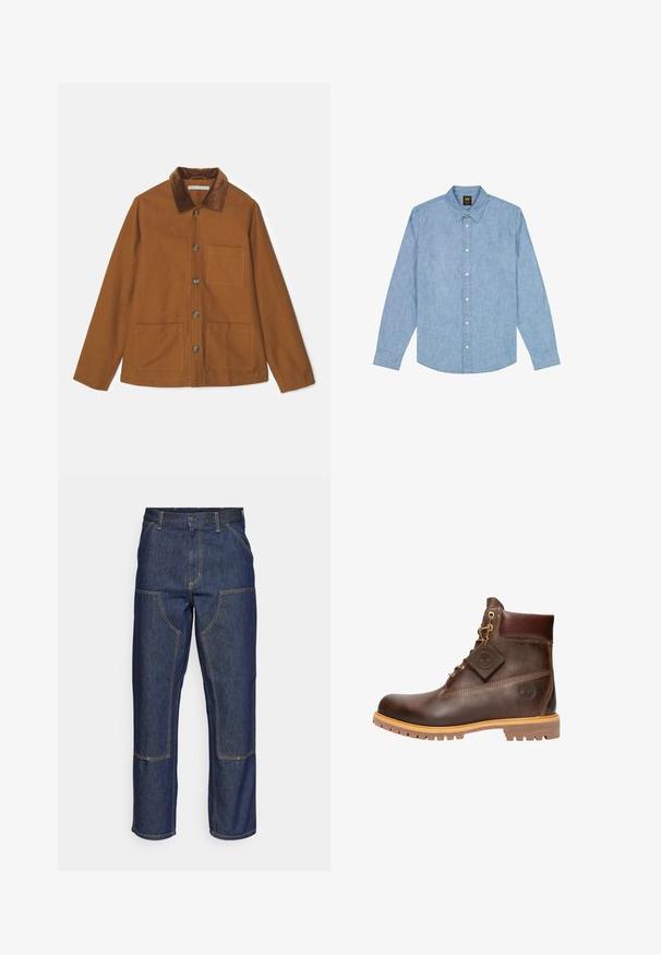 Brun uldblandingsjakke med kordfløjskrave, frontknapper og to store lommer. Har en lige pasform og lange ærmer.; Lyseblå langærmet skjorte med knapper, krave og logo på brystet, lavet af chambray-stof.; Mørkeblå denim jeans med høj talje, lige ben-design, kontrastsyninger og lappelommer foran.; Brun læder ankelstøvle med rund tå, solid sål, hardware i guldtone og en tekstureret overdel. Inkluderer et logo-tagfæstet.