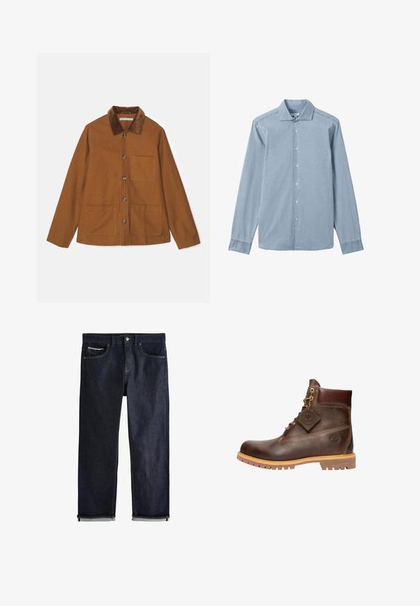 Chaqueta de mezcla de lana marrón con cuello de pana, botones en el frente y dos grandes bolsillos. Presenta un corte recto y mangas largas.; Camisa azul clara de manga larga con cuello, siete botones blancos en la parte frontal y puños abotonados.; Vaqueros de mezclilla azul oscuro con un ajuste recto clásico, que cuentan con cinco bolsillos, cierre de botones y puños doblados que muestran un forro azul claro.; Botín de cuero marrón hasta el tobillo con punta redonda, suela resistente, herrajes en tono dorado y parte superior texturizada. Incluye una etiqueta con el logo adjunta.