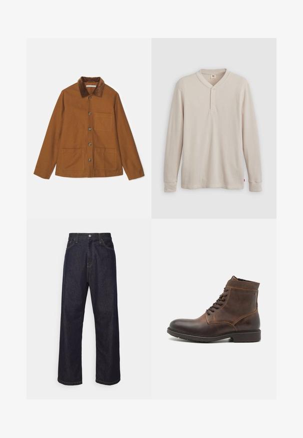 Brun uldblandingsjakke med kordfløjskrave, frontknapper og to store lommer. Har en lige pasform og lange ærmer.; Langærmet henley-skjorte i lys beige ribbet stof, med V-hals, tre-knap placket og manchetter ved ærmerne. Rød logo-tags ved kanten.; Mørkeblå lige ben denim jeans med gul syning, frontknap, lynlås og fem-lommer design.; Jack & Jones JFWDELANEY BOOT - Snørestøvletter - cognac