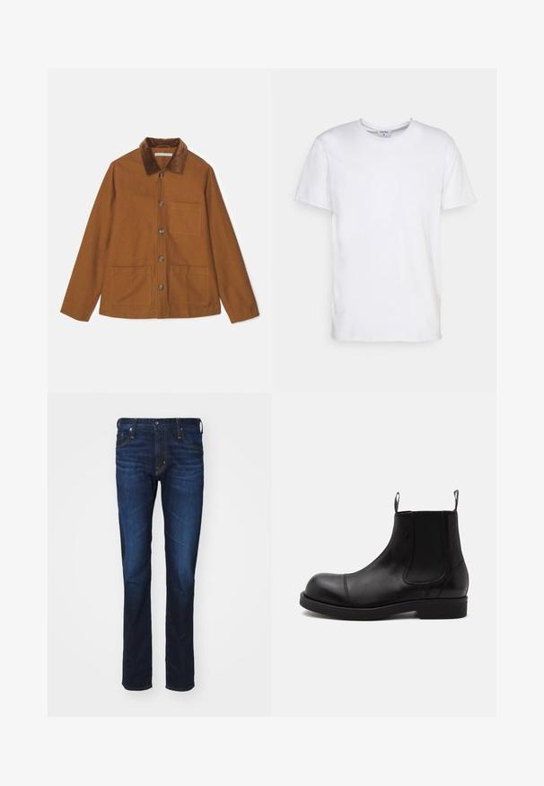 Chaqueta de mezcla de lana marrón con cuello de pana, botones en el frente y dos grandes bolsillos. Presenta un corte recto y mangas largas.; Camiseta blanca de manga corta hecha de algodón. Presenta un escote redondo y un corte holgado, sin patrones ni acentos visibles.; AG Jeans TELLIS MODERN - Vaqueros slim fit - viper; Bota Chelsea de cuero negro con punta redondeada, paneles laterales elásticos, tiradores delante y detrás, suela plana, mostrada de lado sobre fondo blanco.
