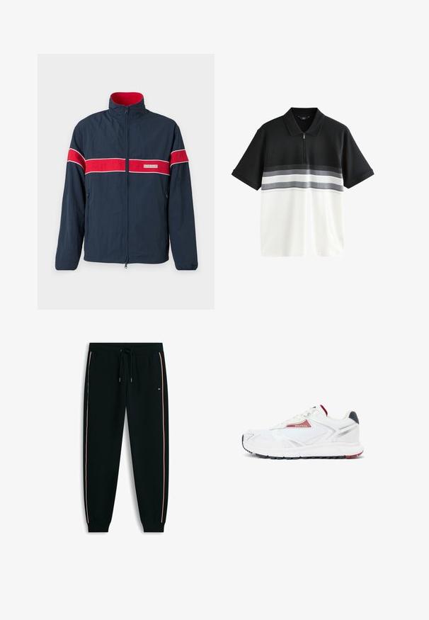 Veste zippée bleu marine avec des rayures horizontales rouge et blanche, un col montant et des poches latérales. Fabriquée dans un matériau léger.; Polo manches courtes noir et blanc avec une demi-fermeture éclair et des rayures horizontales grises et blanches sur la poitrine.; Pantalon de jogging noir avec des bandes latérales blanches et rouges, taille élastique avec cordon de serrage, et chevilles resserrées.; Baskets athlétiques blanches avec des accents rouges et bleu marine, estampillées "Hilfiger" sur le côté, dotées d'une semelle épaisse et de détails en mesh sur la tige.