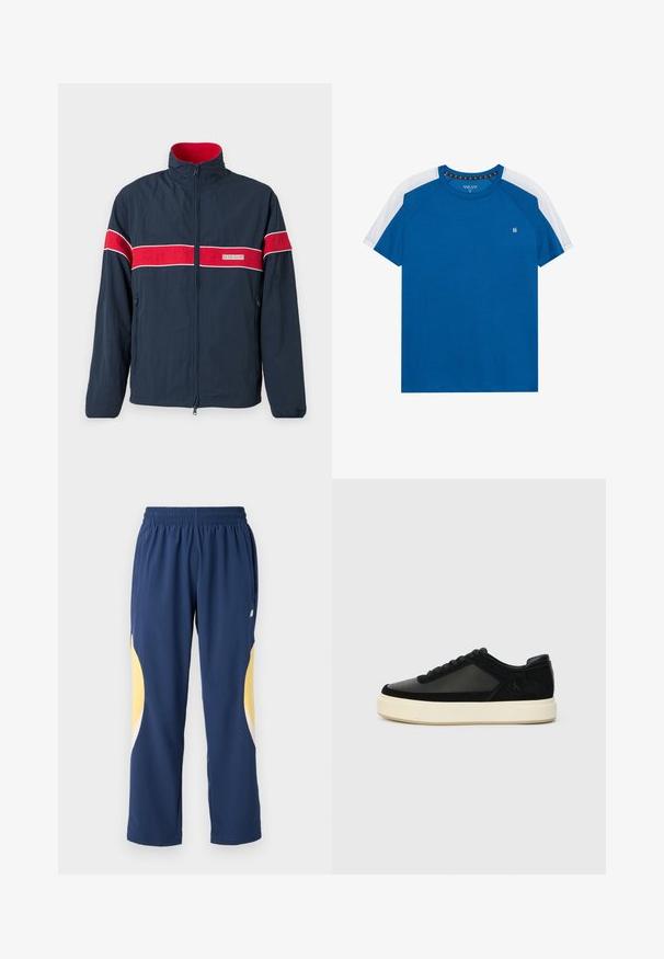 marineblaue Zip-Jacke mit roten und weißen horizontalen Streifen, einem Stehkragen und seitlichen Taschen. Hergestellt aus leichtem Material.; Blaues Baumwoll-T-Shirt mit weißen Raglanärmeln, Rundhalsausschnitt und kleinem Logo auf der linken Brust. Glatte Textur, lässiges Design.; Marineblaue Sporthosen mit elastischem Bund. Mit gelben und weißen geschwungenen Akzenten an den Seiten. Weicher, glatter Stoff.; Schwarze Sneaker aus einer Kombination von Leder und Wildleder, runde Zehenform, tonale Schnürsenkel und eine klobige weiße Gummisohle. Subtiles Logo-Detail an der Seite.