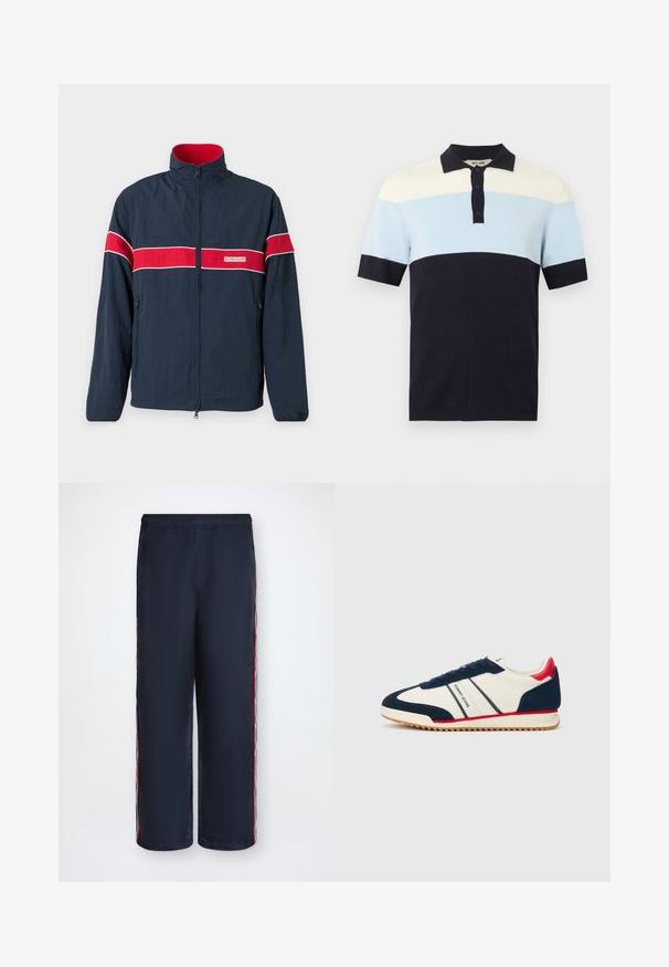 Veste zippée bleu marine avec des rayures horizontales rouge et blanche, un col montant et des poches latérales. Fabriquée dans un matériau léger.; Polo à manches courtes avec col noir, trois boutons noirs et blocs de couleur crème, bleu clair et noir.; Pantalon large bleu marine avec taille élastique et détails rayés rouges, blancs et noirs sur les côtés.; Baskets blanches avec des accents bleu marine et rouge, semelle texturée, design à lacets, et marquage "Tommy Jeans" sur le côté.