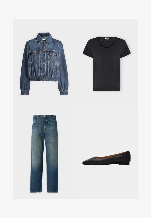 Veste en jean bleue avec fermeture à boutons, deux poches poitrine à rabat, poches latérales et poignets et ceinture élastiques.; T-shirt noir uni à manches courtes avec col rond et petite étiquette de marque blanche à l'intérieur du col.; Jean en denim bleu avec une coupe droite, bouton et fermeture éclair à l’avant, et des détails légèrement délavés sur les cuisses et les genoux.; Chaussure plate en cuir noir à bout pointu avec talon bas et finition lisse, vue de côté sur un fond gris clair.