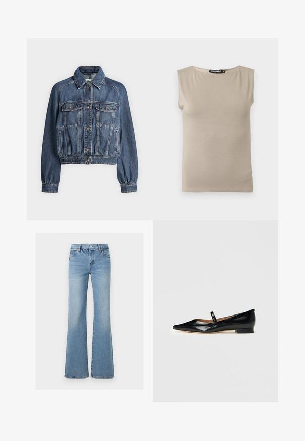 Veste en jean bleue avec fermeture à boutons, deux poches poitrine à rabat, poches latérales et poignets et ceinture élastiques.; Haut beige en coton sans manches avec larges bretelles et col rond, taille moyenne, posé à plat sur fond blanc.; Jean en denim bleu clair avec taille haute, fermeture par bouton et zip, poches avant et arrière, et jambes évasées.; Chaussure plate Mary Jane en cuir verni noir, à bout pointu, avec une seule sangle et un petit talon sur fond uni.