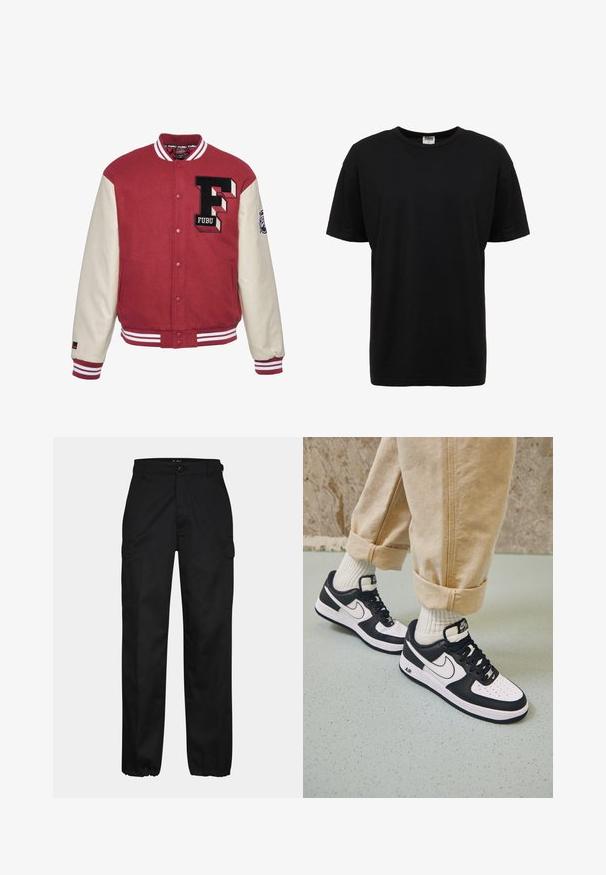 Rote Collegejacke mit cremefarbenen Ärmeln, ausgestattet mit einem gestickten "F"-Logo, gerippten Bündchen und weißen Streifenakzenten. Glatte Textur, Knopfverschluss.; Schwarzes Baumwoll-T-Shirt mit Rundhalsausschnitt, kurzen Ärmeln, normaler Passform, glatter Textur und ohne sichtbare Muster oder Akzente.; Schwarze Cargo-Hosen mit geradem Schnitt, ausgestattet mit Seitentaschen, einem Knopfverschluss und elastischen Bündchen an den Knöcheln. Hergestellt aus strapazierfähigem Material.; Schwarz-weiße Nike Air Force 1 Sneaker mit einem Obermaterial aus Leder, perforierter Zehenpartie und strukturiertem Sohlendesign, getragen mit aufgerollten beigen Hosen und weißen Socken.