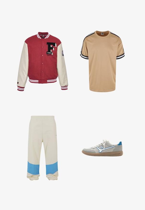 Rød varsity-jakke med cremefarvede ærmer, der har et broderet "F" logo, ribbede manchetter og hvid stribet kant. Glat tekstur, knaplukning.; Tan mesh t-shirt med korte ærmer. Sort og hvide striber ved skuldersømmen. Rund halsudskæring og en løs pasform. Blød tekstur.; Beige bukser med en bred blå stribe nær kanten. Lavet af blødt stof, med elastisk talje og en afslappet pasform.; Grå og hvid sneaker med blå accenter, hvide snørebånd, mesh sidepaneler og brun gummisål set fra siden.