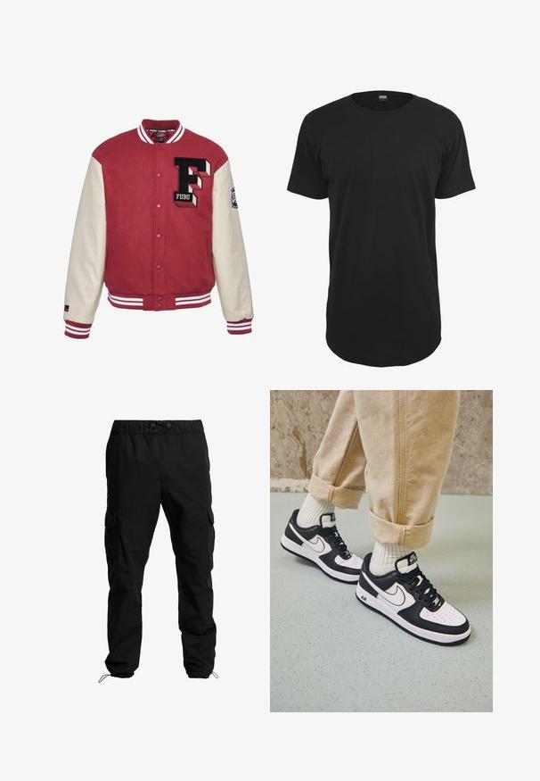 Rød varsity-jakke med cremefarvede ærmer, der har et broderet "F" logo, ribbede manchetter og hvid stribet kant. Glat tekstur, knaplukning.; Sort kortærmet t-shirt lavet af bomuld. Har en rund hals og en lige pasform med en lidt længere bagkant. Blød tekstur.; Sorte cargobukser lavet af slidstærkt stof, med elastisk talje, justerbare snore og sidelommer med klaplukninger.; Sorte og hvide Nike Air Force 1 sneakers med læderoverdel, perforeret tå og tekstureret såldetalje, båret med rullede beige bukser og hvide sokker.