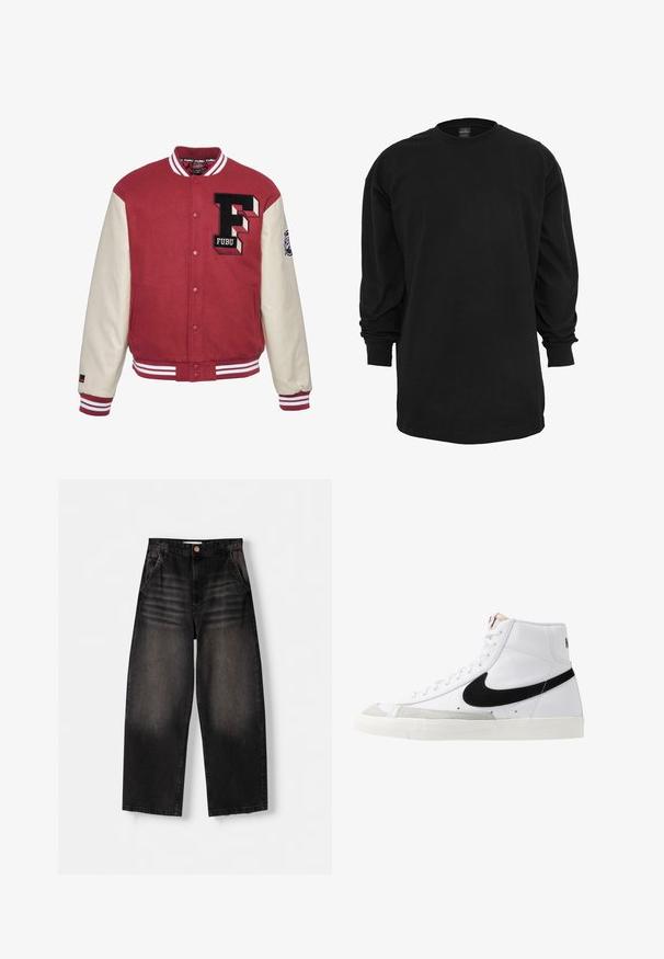 Rote Collegejacke mit cremefarbenen Ärmeln, ausgestattet mit einem gestickten "F"-Logo, gerippten Bündchen und weißen Streifenakzenten. Glatte Textur, Knopfverschluss.; Langärmliges schwarzes T-Shirt aus Baumwolle. Hat einen runden Ausschnitt und eine normale Passform. Glatte Textur ohne sichtbare Muster oder Akzente.; Schwarze Denim-Weite-Leg-Jeans mit einem ausgewaschenen Design, ausgestattet mit fünf Taschen, einem Knopfverschluss und dezenten Waschungen auf der Vorderseite.; Weiße High-Top-Sneaker mit einem schwarzen Swoosh, strukturiertem grauen Zehenkappeneinsatz und flacher weißer Sohle. Verfügt über sechs Ösen und genähte Akzente.