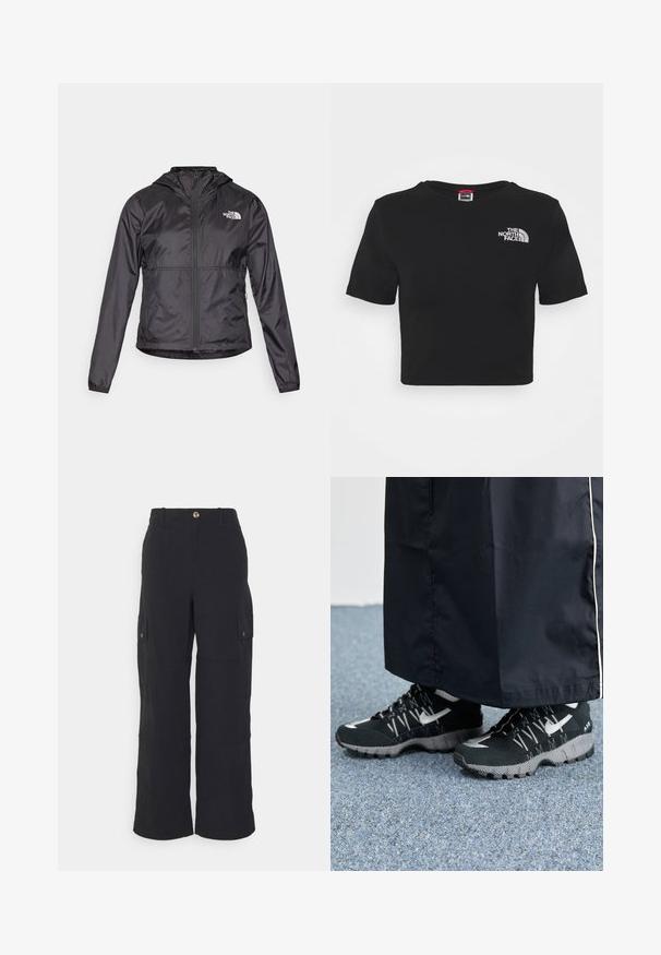 Μαύρο μπουφάν τύπου windbreaker, κατασκευασμένο από ελαφρύ, γυαλιστερό υλικό. Διαθέτει κλείσιμο με φερμουάρ στο μπροστινό μέρος, κουκούλα και λογότυπο στο αριστερό στήθος.; Μαύρο κοντό μπλουζάκι φτιαγμένο από βαμβάκι, με στρογγυλή λαιμόκοψη και κοντά μανίκια. Το λογότυπο της μάρκας είναι κεντημένο σε λευκό στο στήθος.; Vero Moda Tall VMRILEY PANT - Παντελόνι cargo - black; Μαύρα αθλητικά παπούτσια με υφή στην επιφάνεια, ασημένιες λεπτομέρειες και μοτίβο στην σόλα, σε συνδυασμό με ένα μαύρο μακρύ ρούχο. Σε φόντο μπλε χαλί.