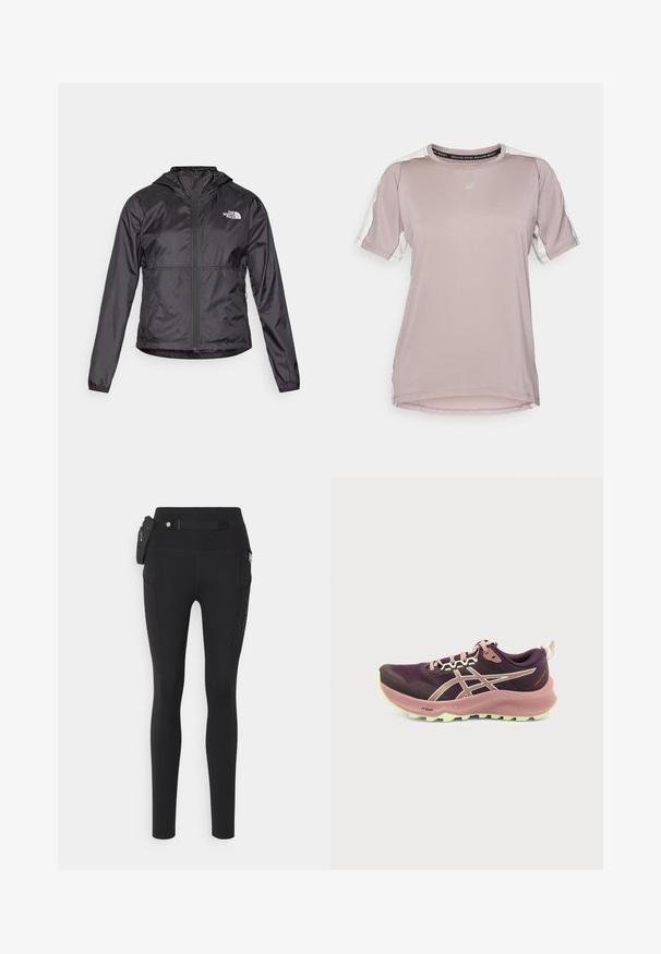 Veste coupe-vent noire en matériau léger et brillant. Elle dispose d'une fermeture éclair sur le devant, d'une capuche et d'un logo sur la poitrine gauche.; ASICS FUJITRAIL ELITE TOP - T-shirt de sport - rainstorm grey/cream; Leggings noirs en tissu extensible, dotés d'une taille haute, de poches latérales, d'une poche à zip et d'une ceinture amovible avec des accents en métal.; Chaussure de course violette et rose avec semelle vert clair, tige en mesh, logo ASICS et languette au talon, vue de profil.