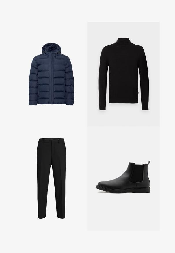 Marineblauwe gewatteerde jas met capuchon, voorzien van horizontale gestikte secties, rits aan de voorkant en twee zijzakken. Zacht aanvoelend.; Zwarte lange mouw turtleneck trui met geribde kraag, manchetten en zoom, tentoongesteld tegen een witte achtergrond.; Zwarte broeken van een gladde stof, met een rechte snit, riemlussen en een platte voorkant zonder zichtbare patronen of versieringen.; Zwarte leren Chelsea-laars met elastische zijpanelen, een trekhaak en een duurzame rubberen zool. Glad oppervlak en gestroomlijnd ontwerp.