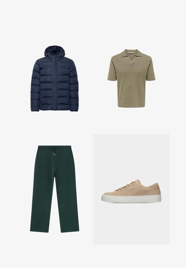 Chaqueta acolchada azul marino con capucha, que presenta secciones acolchadas horizontales, cierre frontal de cremallera y dos bolsillos laterales. Textura suave.; Polo de punto de manga corta en verde oliva con cuello acanalado y abertura en forma de V.; Pantalones de pierna ancha verde oscuro con cintura ajustable y puntas de metal dorado, exhibidos sobre un fondo blanco liso.; Zapatilla baja de ante color beige con cordones beige y una suela gruesa de goma blanca, vista de lado sobre un fondo blanco liso.
