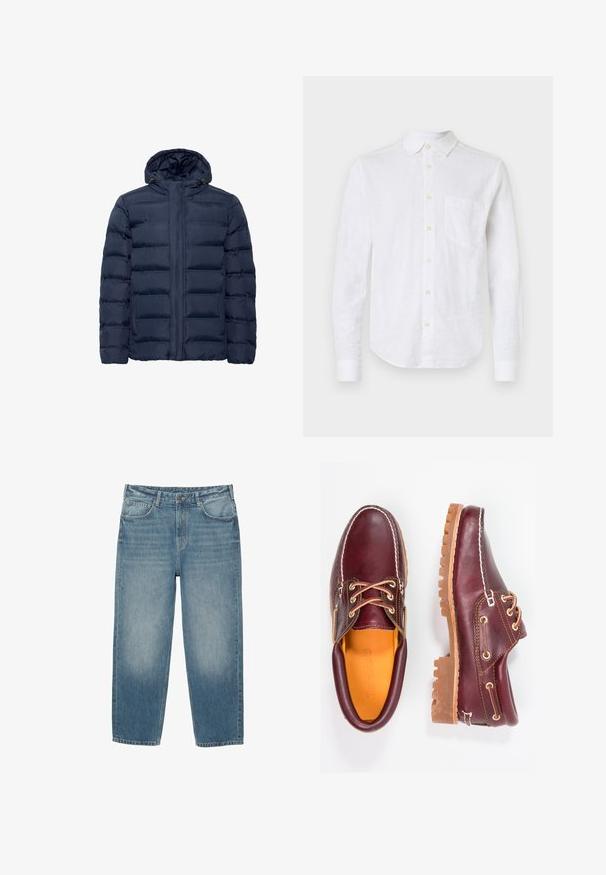 Veste matelassée bleu marine avec capuche, présentant des sections cousues horizontalement, fermeture éclair à l'avant et deux poches latérales. Texture douce.; Chemise blanche en lin à manches longues avec col boutonné, poche avant et boutons en nacre. Présente un ourlet incurvé et un tissu texturé.; Jeans en denim bleu avec une coupe droite, style cinq poches, fermeture à boutons et légère décoloration sur le devant des cuisses.; Chaussures en cuir bourgogne avec semelles en caoutchouc marron, bout rond, couture blanche et œillets dorés. L'intérieur présente une doublure jaune.