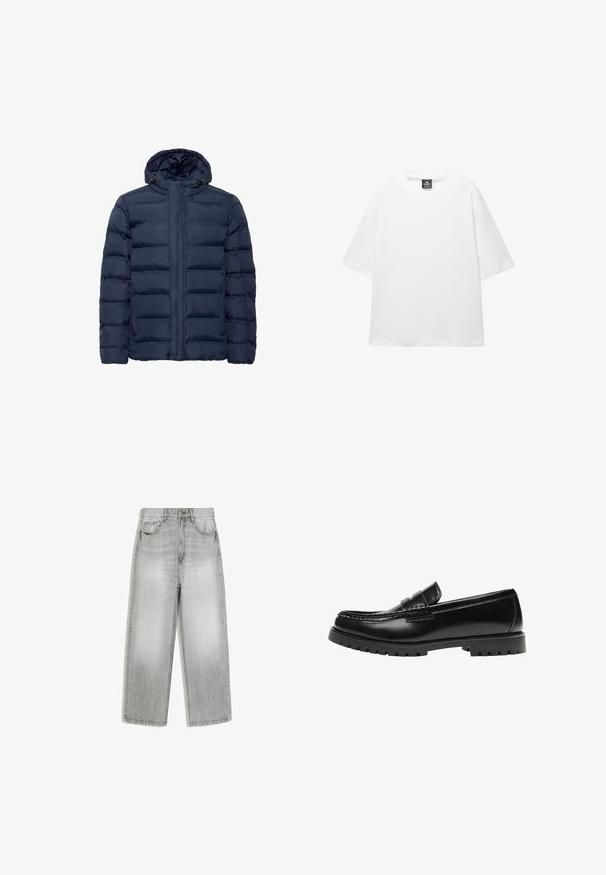 Marineblauwe gewatteerde jas met capuchon, voorzien van horizontale gestikte secties, rits aan de voorkant en twee zijzakken. Zacht aanvoelend.; Witte oversized t-shirt met korte mouwen, ronde hals en zachte katoenen stof. Heeft een zwart label bij de hals. Geen patronen of accenten.; Lichtgrijze wijde jeans met hoge taille, knoop aan de voorkant, rits en ontwerp met vijf zakken, plat gelegd op een witte achtergrond.; Zwarte leren loafer met een dikke rubberen zool en klassieke penny-strap details, gezien vanaf de buitenkant.
