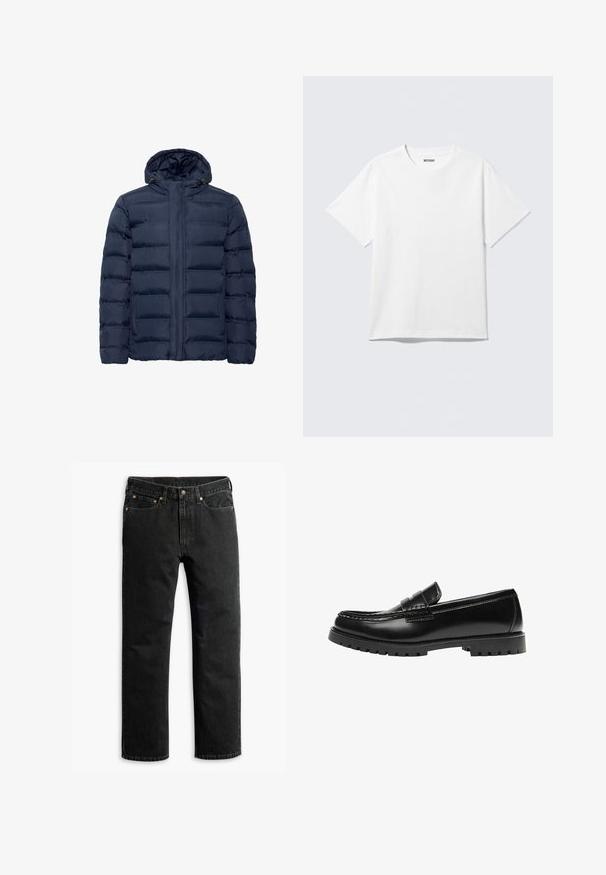 Veste matelassée bleu marine avec capuche, présentant des sections cousues horizontalement, fermeture éclair à l'avant et deux poches latérales. Texture douce.; T-shirt blanc à manches courtes et col rond, étalé à plat, design uni, avec l'étiquette "WEEKDAY" à l'intérieur du col sur un fond clair.; Jean en denim noir à jambe droite avec cinq poches, passants de ceinture et fermeture par bouton à la taille, disposé à plat sur un fond blanc.; Mocassin en cuir noir avec une semelle en caoutchouc épaisse et un détail classique de bride à monnaie, vu de côté extérieur.
