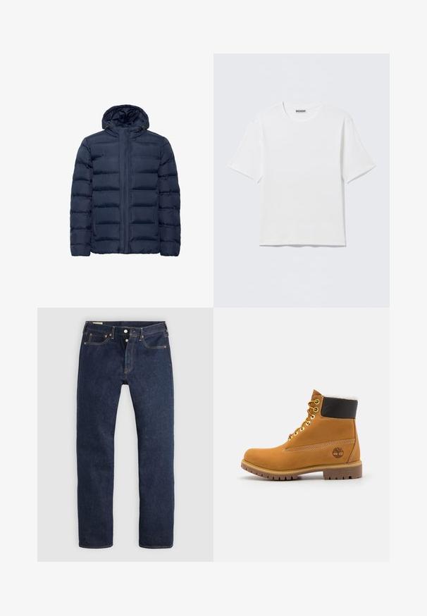 Marineblauwe gewatteerde jas met capuchon, voorzien van horizontale gestikte secties, rits aan de voorkant en twee zijzakken. Zacht aanvoelend.; Effen witte T-shirt met korte mouwen en ronde hals, met een klein "WEEKDAY" label aan de binnenkant van de achterkraag, weergegeven op een vlakke ondergrond.; Donkerblauwe recht gesneden spijkerbroek met knoopsluiting, voor- en achterzakken en contrasterende stiksels, plat gelegd op een lichte achtergrond.; Bruine leren enkellaars met metalen oogjes, witte faux bont voering, zwarte gewatteerde kraag, robuuste zool en een reliëflogo aan de zijkant.