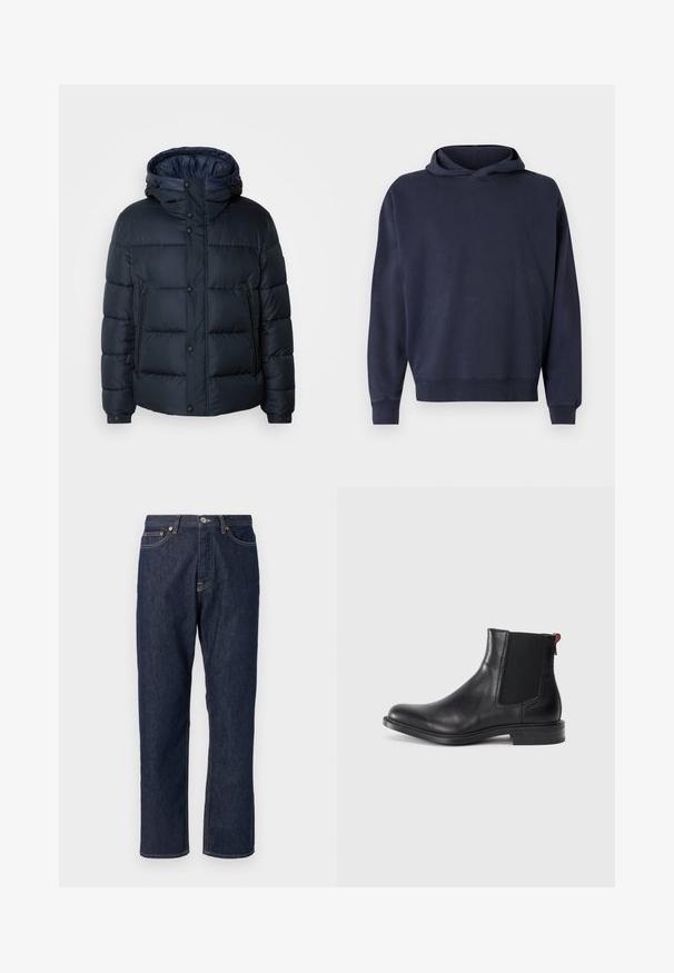 Marine blauwe pufferjack met een capuchon, doorgestikt ontwerp, voorrits en drukknoopsluiting, twee zijzakken en elastische manchetten.; Libertine-Libertine STATE - Hoodie - washed navy; Donkerblauwe denim jeans met een rechte pijpdesign. Beschikt over een knoop- en ritssluiting, vijf zakken en contrasterende stikdetails.; Zwarte leren Chelsea-boot met elastische zijpanelen, ronde neus en een lage gestapelde hak. Heeft een rode lusstab en subtiele branding aan de zijkant.