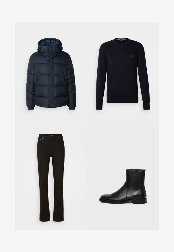 Tumesinine puhvjakiri kapuutsiga, tikkpatterndiga, ees lukuga ja nööbiga kinnitused, kaks küljetaskut ning elastsed varrukaotstarbelised. ; Tumedan sinine kudumipullover, millel on pikad varrukad, ümar kaelus, soonikkraed ja -ääred ning rinnal väike ruudukujuline logo silt.; Mustad teksad otsteva lõikega, millel on esikotid, luku sulgemine ja hõbedased detailid. Ühtlane tekstuur, ilma mustriteta.; Mustast nahast pahkluu saabas madala kandiga, küljeõmbluse ja väikese "HUGO" logoga ülemisel mansetil ühevärvilise tausta ees.