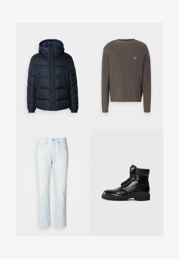 Navy puffer jacket with hood, quilted design, front zip and snap closures, two side pockets, and elasticized cuffs.; Tummanvihreä neulepaita, jossa on pyöreä pääntie, ribbaus hihoissa ja helmassa, sekä pieni logo rinnassa. Teksturoitu kangas, joka on muotoiltu istuvaksi.; Vaaleansiniset farkut, suoralla lahkeella. Varustettu napilla kiinnityksellä ja vyölenkeillä, tuotteessa on haalistunut pinta ja minimaalinen ompelu.; Mustat nahkaiset nilkkurit, joissa on kiiltävä pinta, nauhakiinnitys, pehmustettu nilkkaosa ja kestävä kumipohja, jossa on pitoalueita.