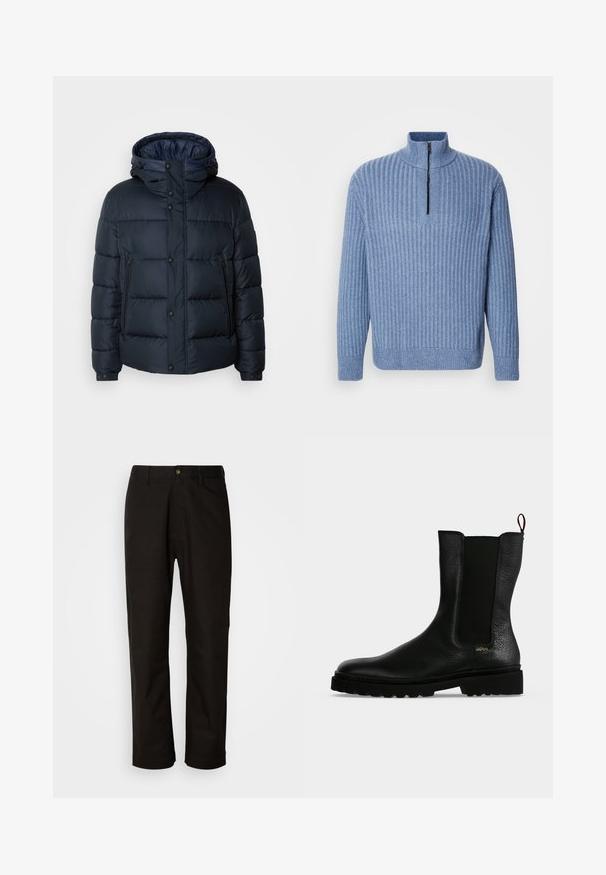 Veste matelassée marine avec capuche, design quilté, fermeture éclair et boutons-pressions à l'avant, deux poches latérales et poignets élastiques.; Pull en tricot côtelé bleu clair avec un col montant et une fermeture éclair partielle au niveau du cou ; il a des manches longues et un ourlet droit.; Pantalon en coton noir avec une coupe droite, des passants de ceinture, une fermeture éclair à l'avant et un seul bouton. Texture lisse sans motifs visibles.; Bottine en cuir noir avec un panneau latéral élastique, une semelle épaisse et une languette à l’arrière, featuring un petit logo doré "Hugo" près du talon.