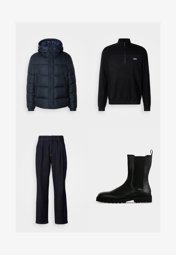 Marineblaue Steppjacke mit Kapuze, gestepptem Design, Frontreißverschluss und Druckknopfverschluss, zwei Seitentaschen und elastischen Bündchen.; Schwarzer Pullover mit Halbzip-Kragen, der eine gerippten Struktur an den Schultern und ein kleines weißes "BOSS"-Logo auf der Brust aufweist.; Dunkelblaue weit geschnittene Jeans mit vorderen Falten und orangen Nähten, auf weißem Hintergrund gezeigt.; Schwarzer Leder-Stiefelette mit elastischem Seitenteil, grober Sohle und Zuglasche hinten, mit kleinem goldenem "Hugo" Logo nahe der Ferse.