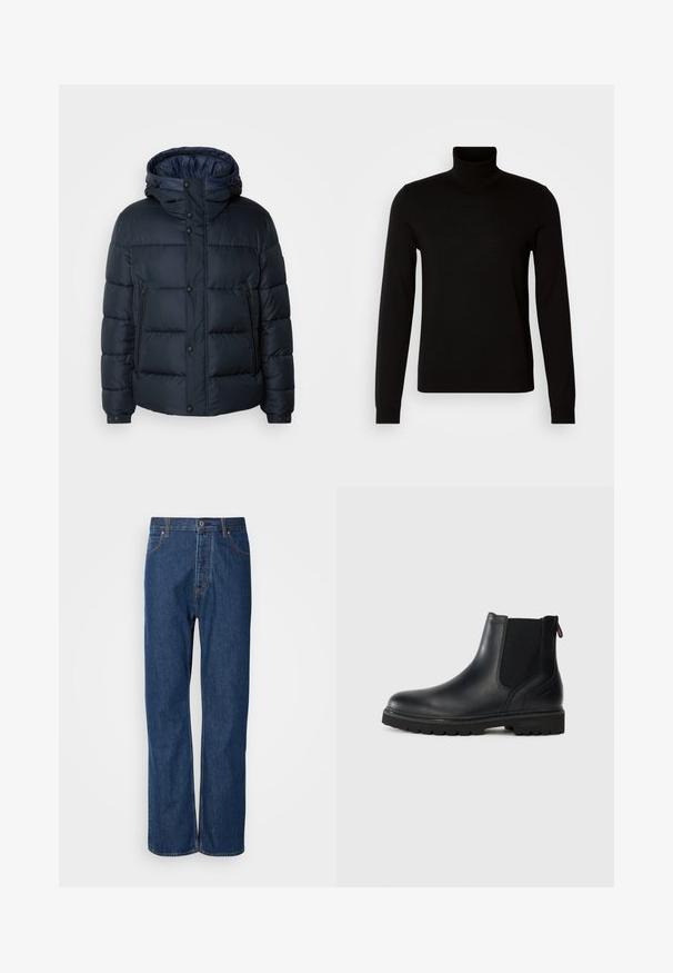 Marineblå quiltet jakke med hætte, frontlynlås og knaplukninger, to sidelommer og elasterskede.; Sort turtleneck sweater lavet af et fint strikket stof, der har lange ærmer og en tætsiddende silhuet. Glat tekstur med ribbede manchetter.; Blå denim jeans med lige ben, der har en knaplukning, fem lommer og kontraststikninger langs sømmene.; Sorte læder ankelstøvler med elastiske sidepaneler, rund tå og en robust gummisål med dybe riller for bedre greb.