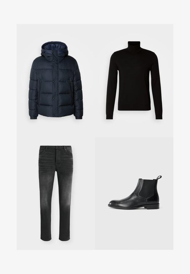 Marineblå quiltet jakke med hætte, frontlynlås og knaplukninger, to sidelommer og elasterskede.; Sort turtleneck sweater lavet af et fint strikket stof, der har lange ærmer og en tætsiddende silhuet. Glat tekstur med ribbede manchetter.; Sorte skinny-fit jeans med falmede detaljer, fem-lomme-stil og knaplukning i taljen.; Sorte læder ankelstøvler med elastiske sidepaneler, rund tå og en trækloft. Glat tekstur, flad sål, minimalistisk design.