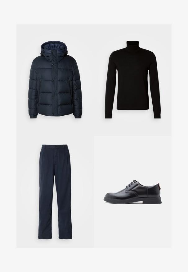 Marineblå quiltet jakke med hætte, frontlynlås og knaplukninger, to sidelommer og elasterskede.; Sort turtleneck sweater lavet af et fint strikket stof, der har lange ærmer og en tætsiddende silhuet. Glat tekstur med ribbede manchetter.; Mørkeblå bukser lavet af en bomuldsblanding. Har et lige ben design, en frontknaplukning og diskrete plisser. Glat tekstur.; Sorte snørestøvler i læder med glat tekstur, rundet tå og diskrete syningsdetaljer. Har en rød trækflig på hælen.